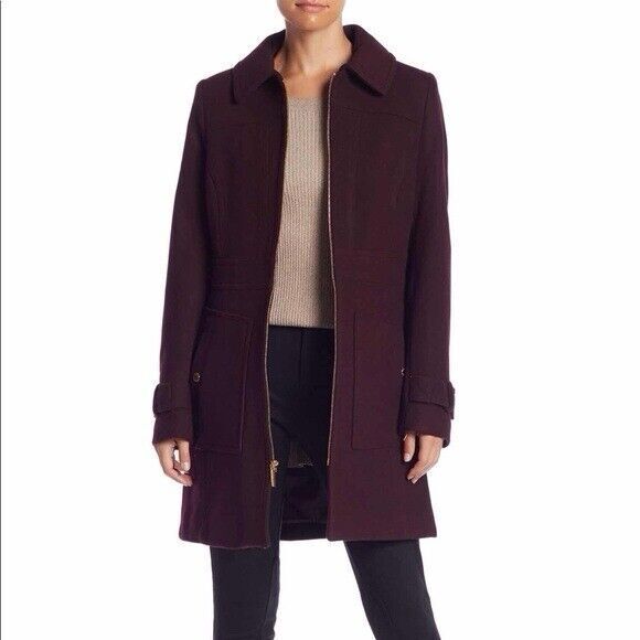 Michael Kors Zip Front Coat Burgundy Collared Heavyweight, Size S - Picture 1 of 12